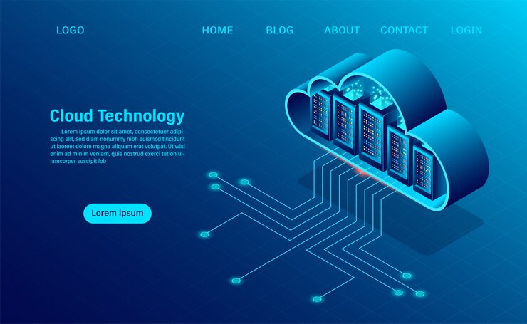 Strona docelowa z koncepcją Cloud Computing. Technologia obliczeniowa online. Koncepcja przetwarzania dużych przepływów danych, serwery 3d i centrum danych. izometryczny płaski kształt