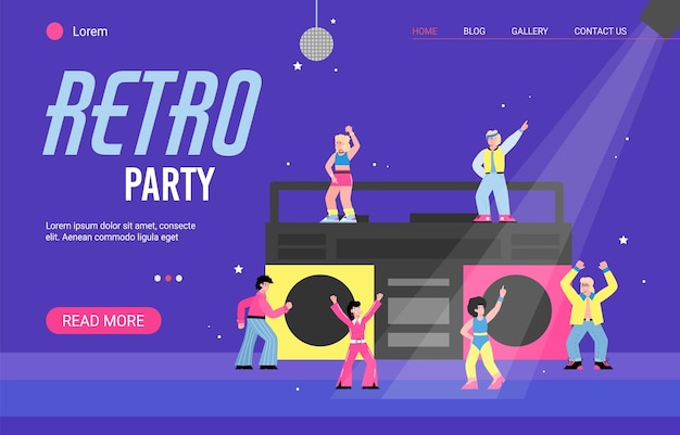 Strona Internetowa Disco Party Z Boomboxem I Drobnymi Kreskówkowymi Ludźmi Ilustracji Wektorowych