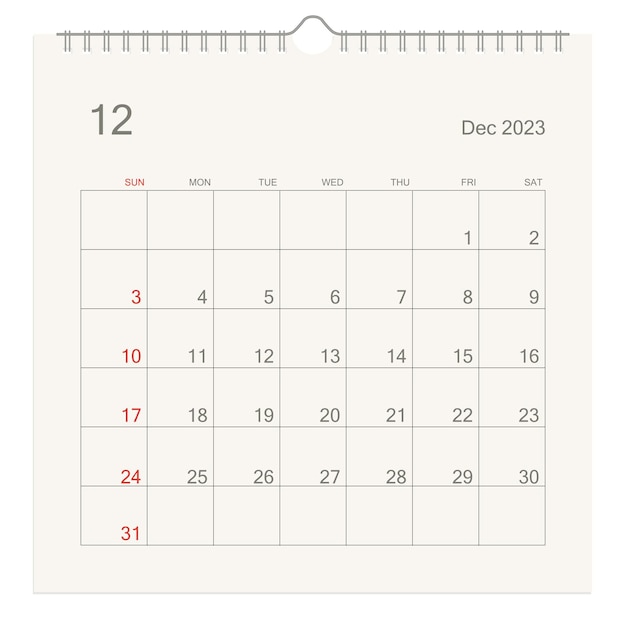 Strona kalendarza grudnia 2023 r. na białym tle Tło kalendarza dla przypomnienia planowania biznesowego spotkania i wydarzenia Tydzień zaczyna się od niedzieli Wektor