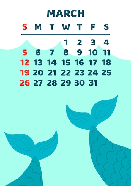 Strona Kalendarza Marca 2023 R. Ilustracja Kreskówka Wektor Z ładnymi Ogonami Wielorybów Szablon Do Druku Układ Pionowy Białe Tło