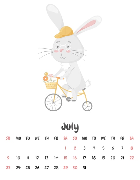 Strona Kalendarza Na Miesiąc Lipiec 2023 Z ładny Uśmiechający Się Królik Jeżdżący Na Rowerze Z Koszem Kwiatów Urocze Zwierzę Postać W Pastelowych Kolorach Ilustracja Wektorowa Na Białym Tle