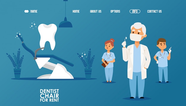 Strona Kliniki Dentystycznej, Fotel Dentysty Do Czynszu Ilustracji. Zespół Dentystów, Mężczyzn I Kobiet W Mundurach Medycznych Z Urządzeniami