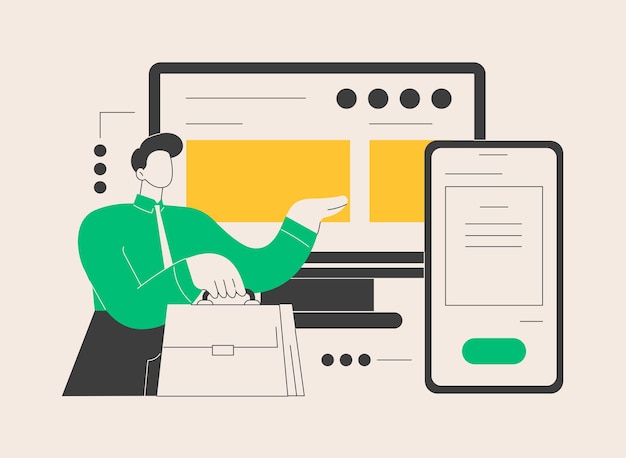Strona korporacyjna abstrakcyjna ilustracja wektorowa koncepcji Strona oficjalna firmy Przedstawienie biznesowe w Internecie Strona wizji korporacyjnej Rozwój stron internetowych Usługa projektowania graficznego Metafora abstrakcyjny