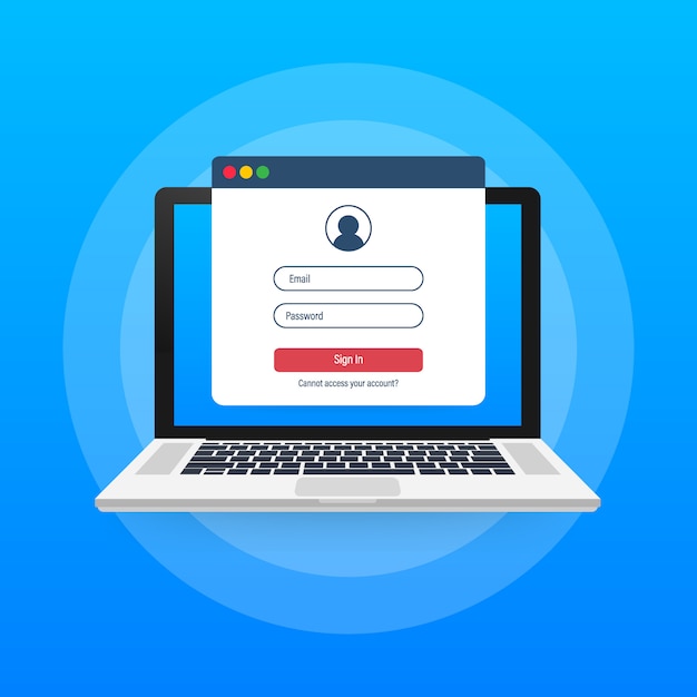Strona logowania na ekranie laptopa. Notatnik i formularz logowania online, strona logowania. Profil użytkownika, dostęp do koncepcji konta