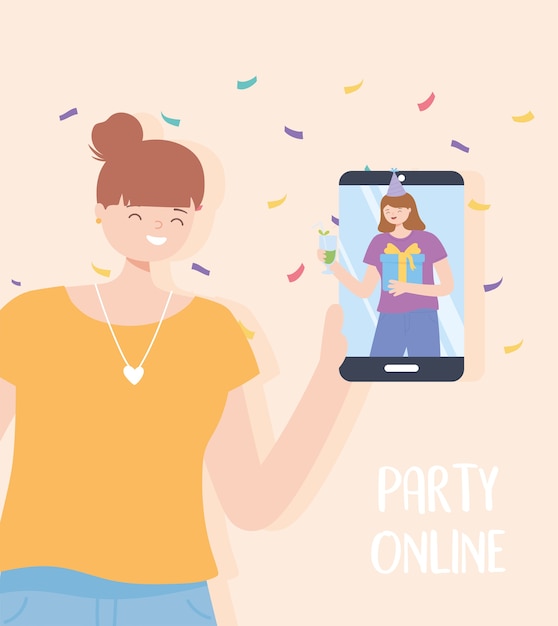 Strona Online, Kobieta Z Przyjacielem Rozmowy Smartfona Przez Internet Ilustracji Wektorowych Uroczystość Party