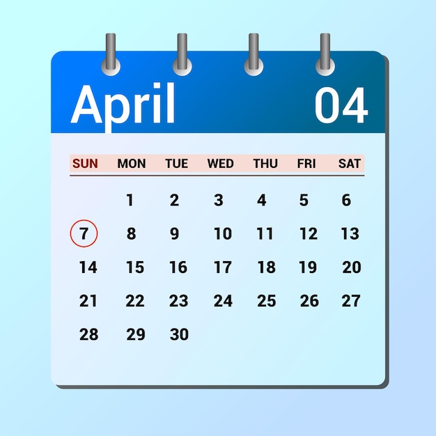 Strona wektorowa kalendarza miesiąca kwietnia i podkreślona data 7 kwietnia