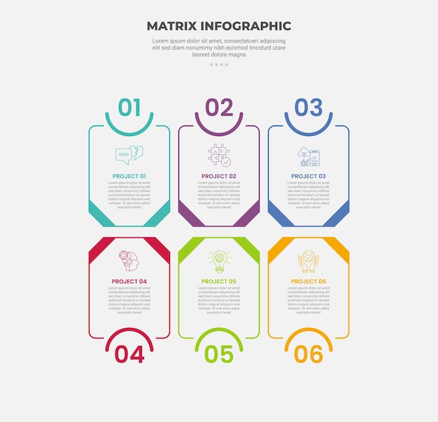 Struktura siatki macierzy infograficzny styl konturowy z szablonem sześciopunktowym z pionowym pojemnikiem pudełkowym z półkręgiem na górze do prezentacji slajdów