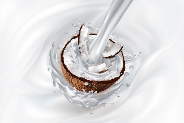 Plik wektorowy strumień mleka i kokos w jogurcie lub koktajlu mlecznym.