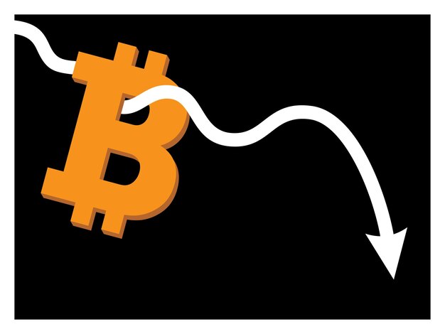 Strzałka linii trendu spadkowego przedzierająca się przez znak bitcoin na czarnym tle wektor wzór płaskiej ikony
