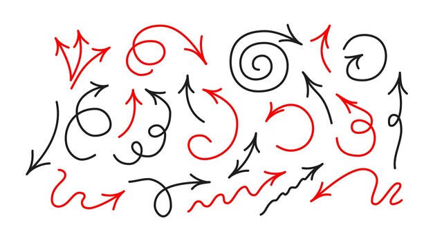 Strzałka na białym tle. Kolekcja ikona strzałki w stylu cartoon doodle. Ręcznie rysowane wektor clipartów ilustracja.