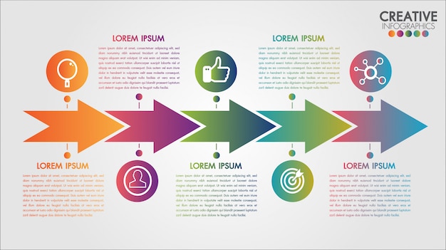 Strzałki Pięć Kroków Oś Czasu Infografiki Szablon Krok Po Kroku, Schemat Wykresu