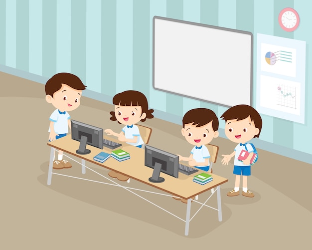 Studenci Chłopiec I Dziewczynka Pracują Z Komputerem W Klasie