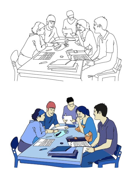 Studenci pracujący zabawnie i zajęci na zajęciach grupowych Szkic i kolor ilustracji wektorowych