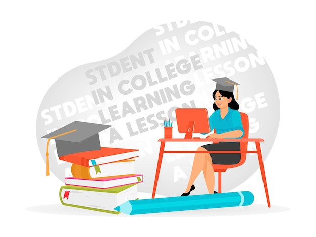 Studentka studiująca online z książkami i czapką do ukończenia studiów