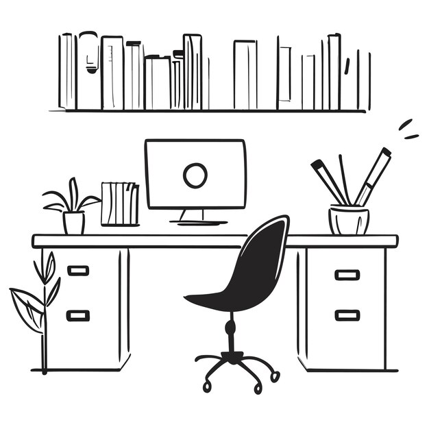 Plik wektorowy studia z komputerem na biurku ręcznie rysowane kreskówka naklejka ikona koncepcja izolowana ilustracja