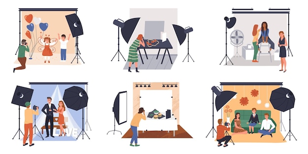 Studio fotograficzne Profesjonalni fotografowie pracują w studiach za kulisami proces ludzie pozowanie Różne typy fotografowania temat rodzina i fotografia mody wektor zestaw scen z kreskówek