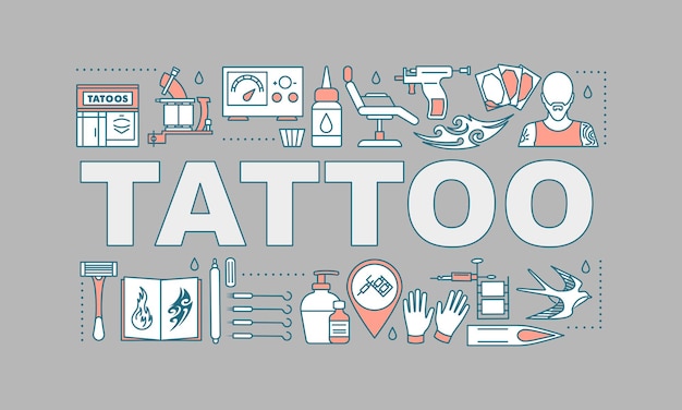 Studio tatuażu słowo koncepcje transparent. Usługa przekłuwania. Szkice tatuaży, instrumenty, sprzęt. Pomysł na białym tle napis typografia z liniowymi ikonami. Ilustracja wektorowa zarysu