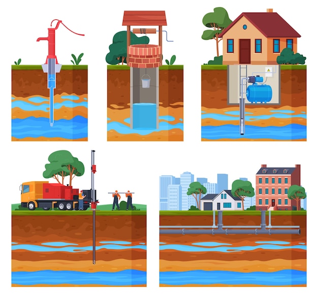 Plik wektorowy studnie wodociągowe w budynkach mieszkalnych infografika warstw gleby i wód podziemnych pompa cieczy studni system zaopatrzenia w wodę ilustracja wektorowa