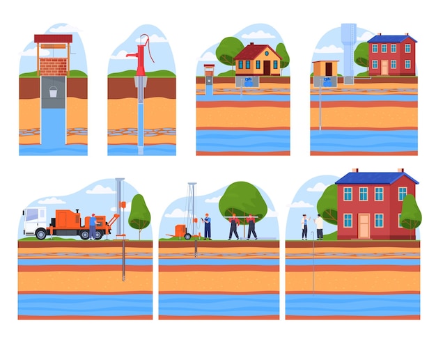 Plik wektorowy studnie wodociągowe w budynkach mieszkalnych infografiki warstw gleby i studni wody podziemnej