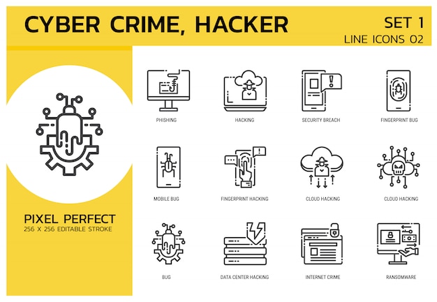 Plik wektorowy styl ikon linii. atak hakerów cyberprzestępczość