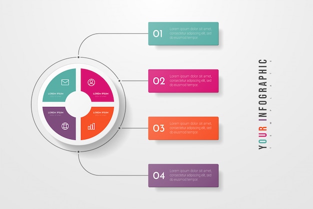 Styl Koło Infografiki Biznesowe Z Czterema Opcjami, Krokami Lub Procesami. Infografiki Kołowe Lub Rowerowe. Może Być Używany Do Układu Przepływu Pracy, Banera, Diagramu, Sieci, Edukacji.