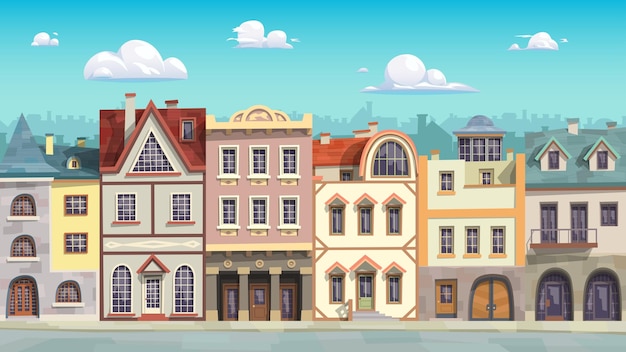 Plik wektorowy styl kreskówki różne domy elewacyjne ulicy