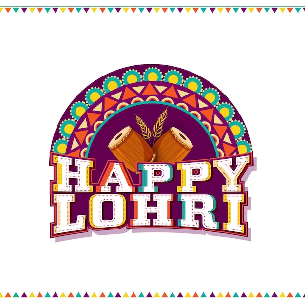 Styl naklejki Happy Lohri czcionki z Dhol (bęben) Instrument, kłos pszenicy na półkola kwiatowym i białym tle.