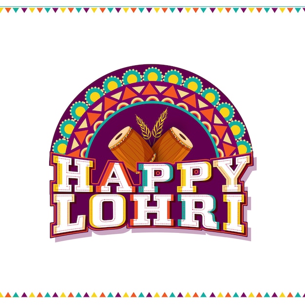 Styl Naklejki Happy Lohri Czcionki Z Dhol (bęben) Instrument, Kłos Pszenicy Na Półkola Kwiatowym I Białym Tle.