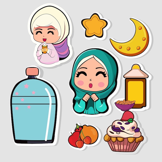 Styl Naklejki ładny Znak Islamskich Dziewcząt Z Owocami I Elementami Fast Food