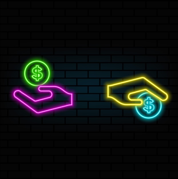 Styl neonowy Zdobądź pieniądze symbol zarobić pieniądze ikonę wektorową symbol wynagrodzenia Symbol ręki i pieniędzy ikonę S