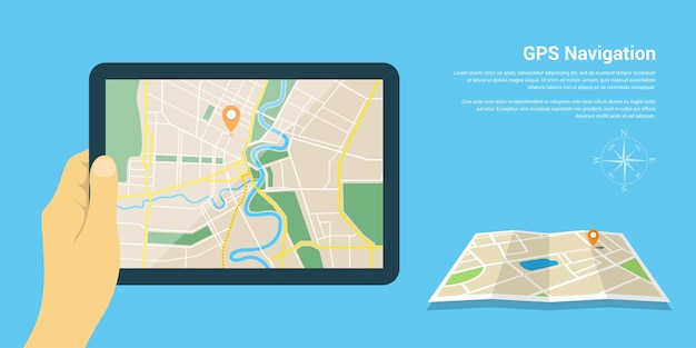 styl szablonu banera internetowego na stronę internetową lub infografikę, mobilny system nawigacji GPS, lokalizacja docelowa, wykrywanie i znajdowanie właściwej drogi.