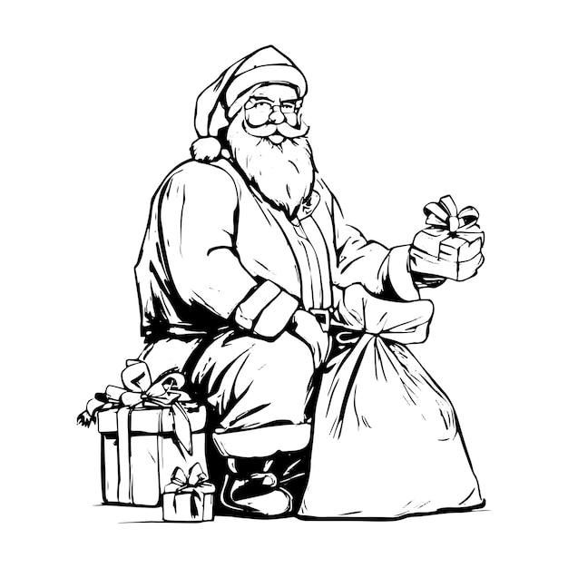 Styl szkicu, rysunek Świętego Mikołaja z prezentami w pełnej długości, odizolowany na białym tle