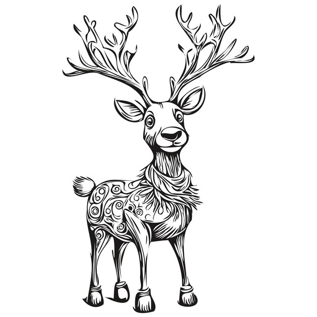 Plik wektorowy styl vintage boże narodzenie renifer jelenie ręcznie narysowany szkic grawerowanie czarno-białe odizolowane atrament wektorowy zarys szablonu dla wizytówki plakat logo zaproszenia