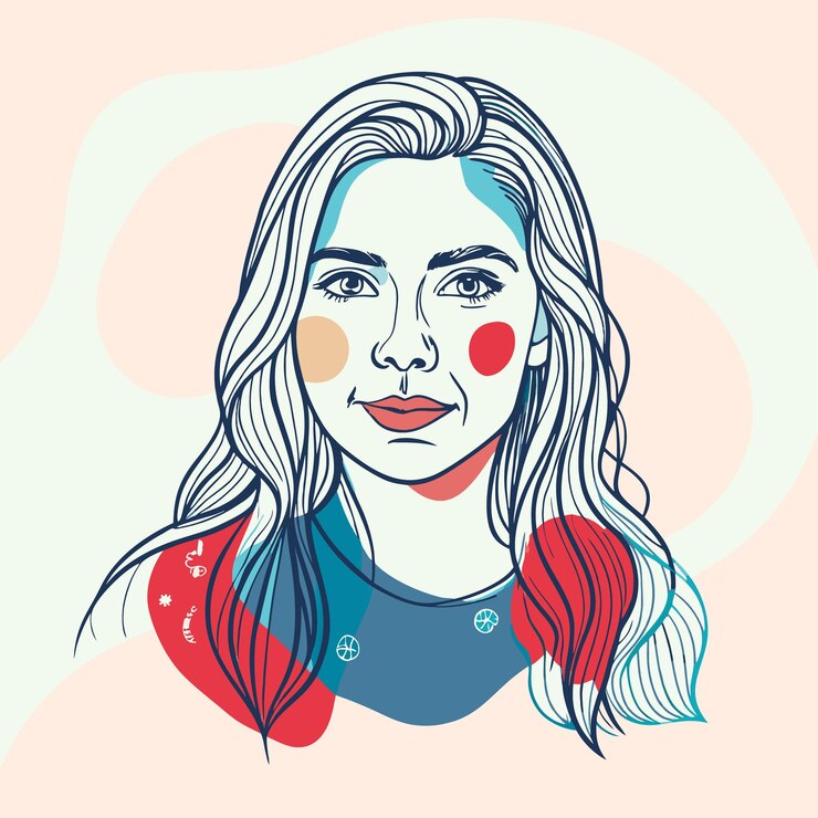 Wektor stylizowana ilustracja kobiety z płynącymi włosami i kolorowymi akcentami