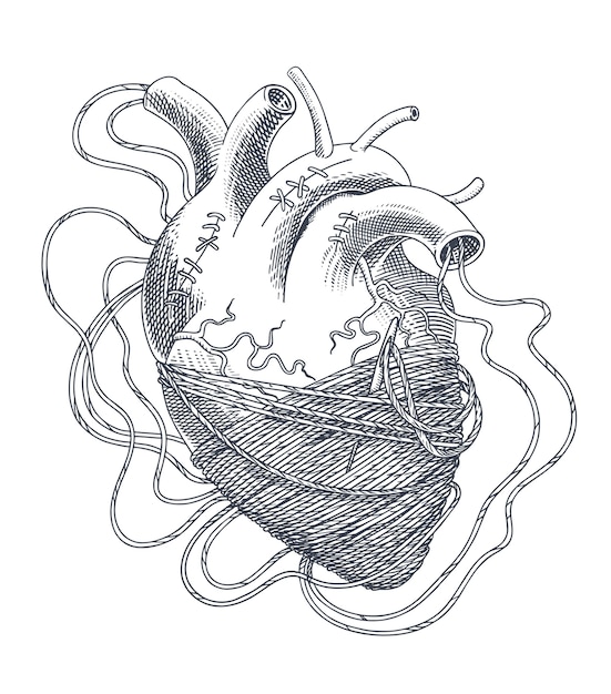 Plik wektorowy stylizowana ilustracja serca zaplątanego w wątki. wektor