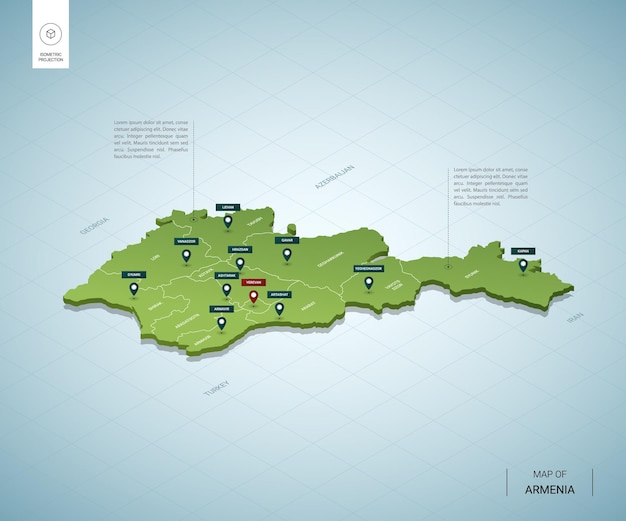Stylizowana Mapa Armenii. Izometryczna Zielona Mapa 3d Z Miastami, Granicami, Stolicą Erewan I Regionami.