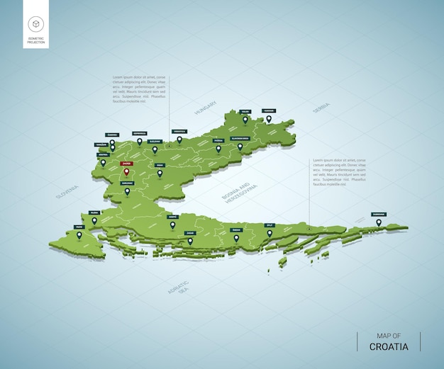 Stylizowana Mapa Chorwacji Izometryczna Zielona Mapa 3d Z Miastami, Granicami, Stolicą Zagrzebia I Regionami