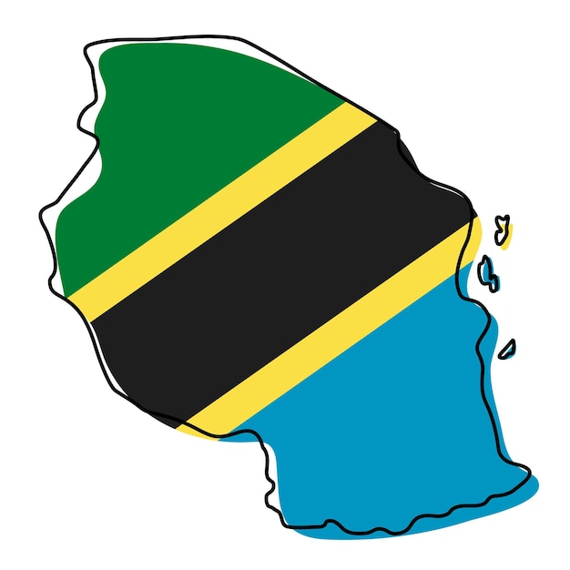 Stylizowana mapa konturowa Tanzanii z ikoną flagi narodowej. Mapa kolorów flagi Tanzanii ilustracji wektorowych.