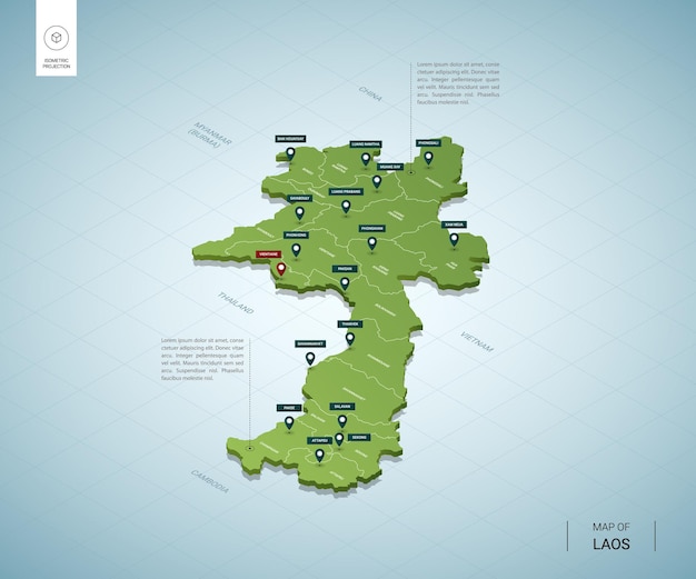 Stylizowana Mapa Laosu. Izometryczna Zielona Mapa 3d Z Miastami, Granicami, Stolicą Wientian I Regionami.