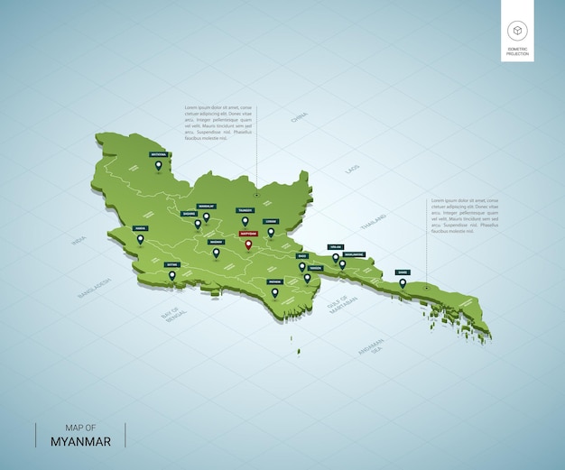 Stylizowana Mapa Myanmaru. Izometryczna Zielona Mapa 3d Z Miastami, Granicami, Stolicą Naypyidaw I Regionami.