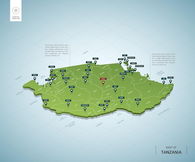 Stylizowana Mapa Tanzanii Izometryczna Zielona Mapa 3d Z Miastami, Granicami, Stolicami I Regionami