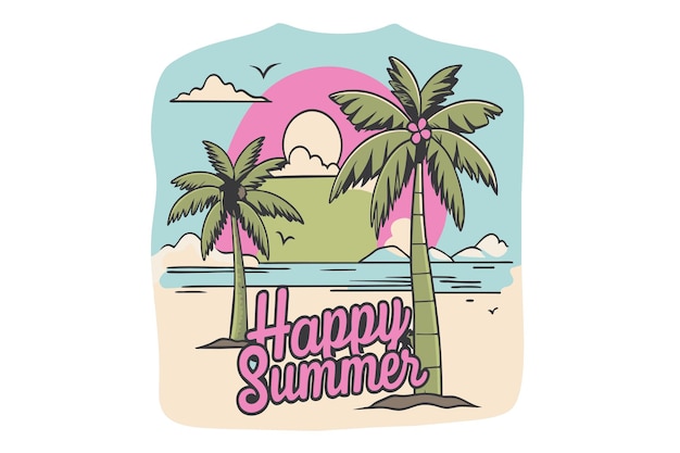 Plik wektorowy stylizowany krajobraz plaży świętuje lato z palmami na tle pastelowego zachodu słońca