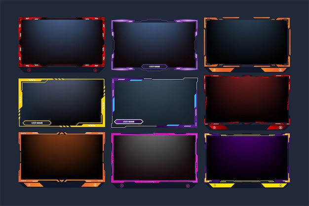 Plik wektorowy stylowa dekoracja zestawu nakładek strumieniowych z efektami neonowymi wektor pakietu obramowania ekranu gier online z pomarańczowymi fioletowymi i czerwonymi kolorami kolekcja futurystycznych paneli do gier dla graczy