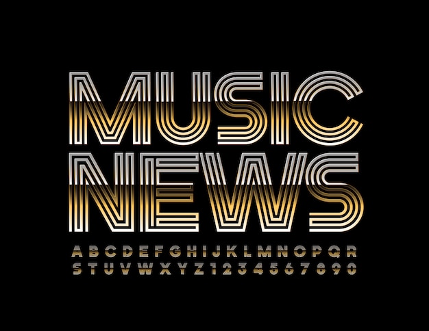 Stylowe Logo Music News. Elegancka Złota Czcionka. Luksusowe Litery I Cyfry Alfabetu