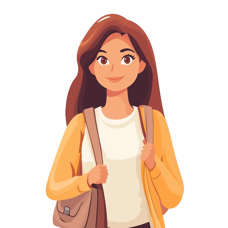 Wektor stylowy avatar pięknej kobiety niosącej torebkę szkolną idealny dla stron e-learningowych i edukacyjnych