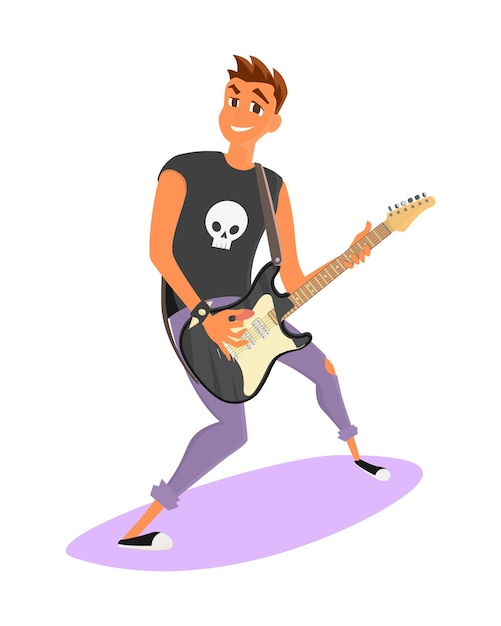 Plik wektorowy stylowy facet gra na gitarze elektrycznej młody muzyk rockowy w czarnej koszulce z zabawną czaszką