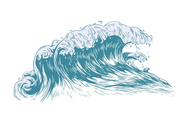 Stylowy rysunek fali morskiej lub oceanicznej z pieniącym się grzebieniem