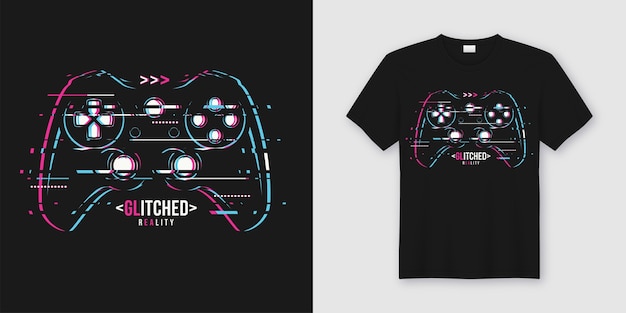 Stylowy T-shirt I Modny Design Z Glitchy Gamepad, Typografią, Nadrukiem, Ilustracjami.