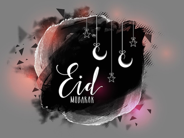 Plik wektorowy stylowy tekst eid mubarak z zawieszonymi gwiazdami i półksiężycem na czarnym tle dla święta społeczności muzułmańskiej