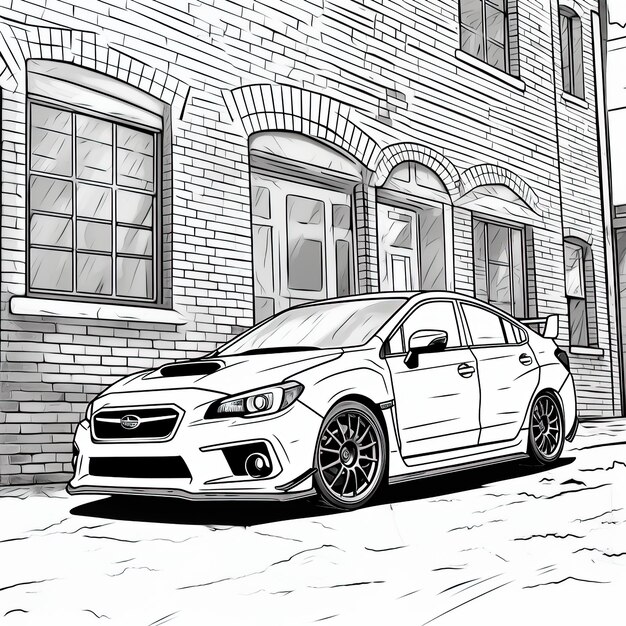 Subaru WRX STI stojący przed ceglaną ścianą Best Hand Draw Colorful Book EPS